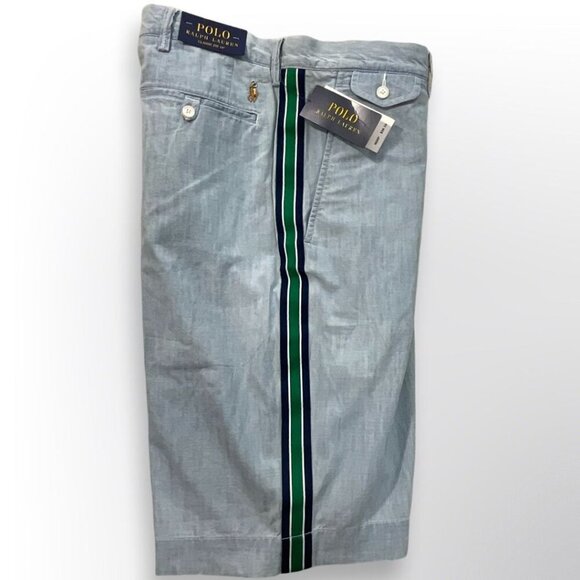 Polo Ralph Lauren Shorts Mens 42T Blue Chambray Cotton Classic Fit Striped Sides - Picture 2 of 12